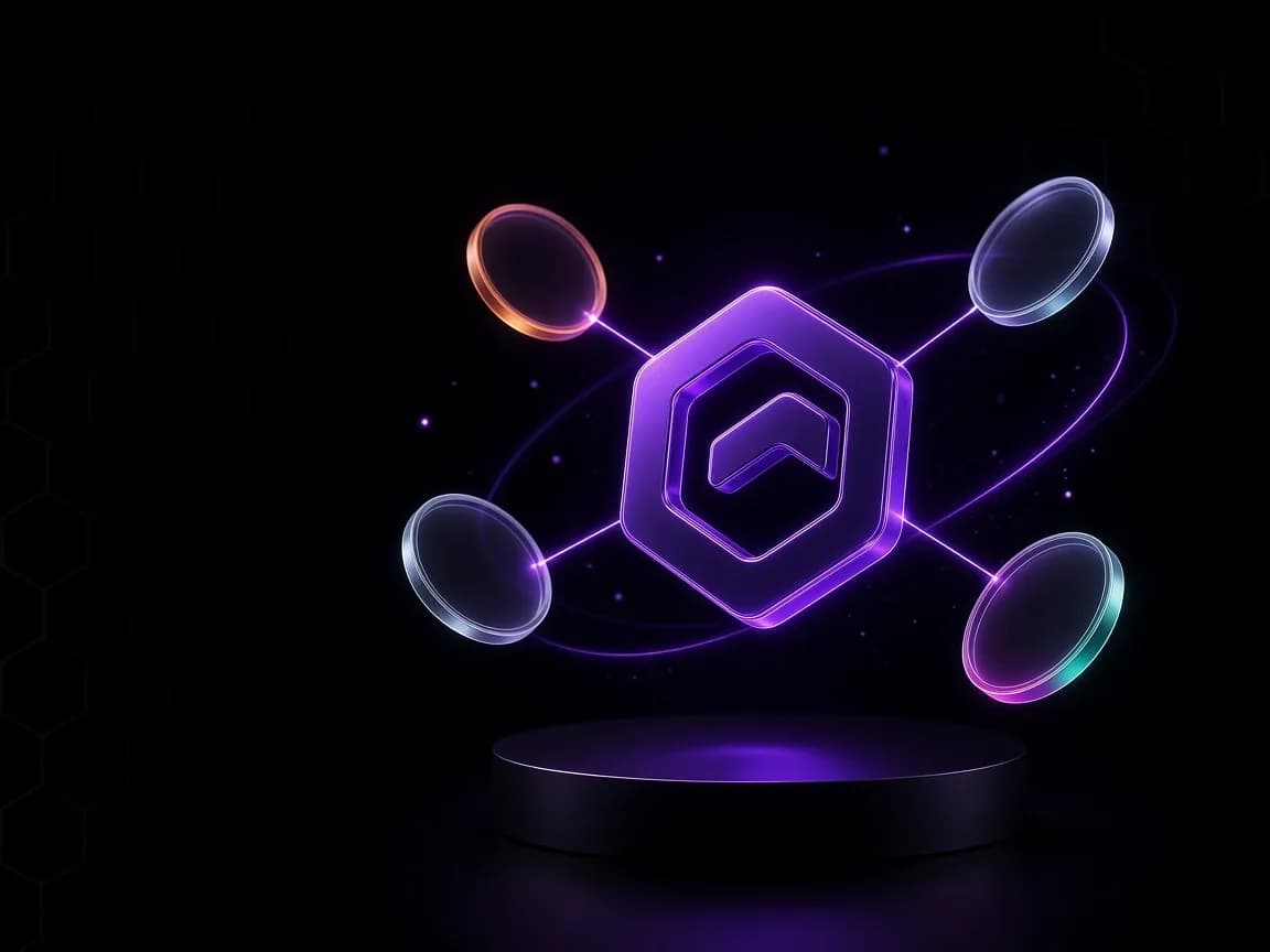 중앙의 보라색 폴리곤 토큰과 연결된 네 개의 디지털자산 코인